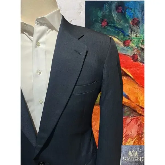 Vintage Stafford 42L Navy Blue Subtle Red Stripe Blazer Sport Jacket Denim Look
